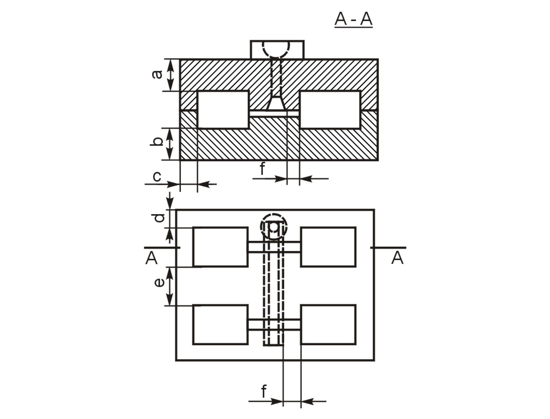 Na ilustracji przedstawiona została odległość miedzy modelami i elementami formy. Widoczne są dwa rysunki formy, widziane od boku oraz od góry. Góry rysunek przedstawia dwie złożone skrzynki, we wnętrzu których znajdują się prostokątne modele oraz układ wlewowy. Miedzy modelem, a ścianą skrzynki znajduję się literka c, miedzy górna powierzchnią modelu, a górną powierzchnią formy znajduje się  literka a, miedzy dolną powierzchnia modelu, a dolną powierzchnią formy znajduję się literka b. Natomiast pomiędzy odlewem a wlewem rozprowadzjącym znajduję się litera f. 
Na dolnym rysunku znajduję się skrzynka widziana od góry, gdzie widoczne są cztery modele ułożone w przy czterech rogach skrzynki. Na rysunku zaznaczone są takie odległości jak odległość miedzy modelem, a wlewem rozprowadzającym, odległość miedzy modelami oraz odległość pomiędzy wlewem, a ścianką skrzynki.
