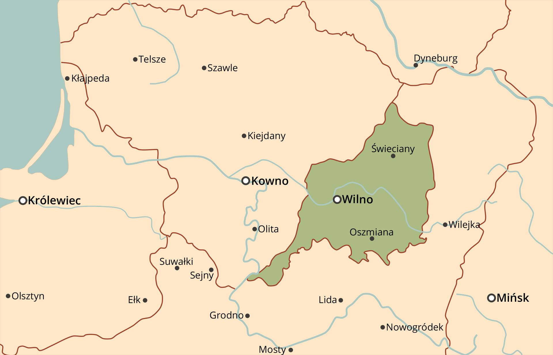 Mapa przedstawia wschodnią część Polski, Ukrainę oraz Litwę. Większe miasta: Wilno, Kowno, Królewiec, Mińsk. 