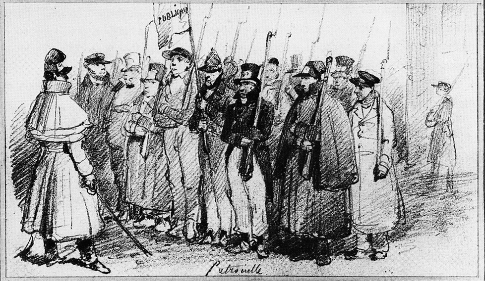 Na lustracji tłum ludzi trzymający broń.