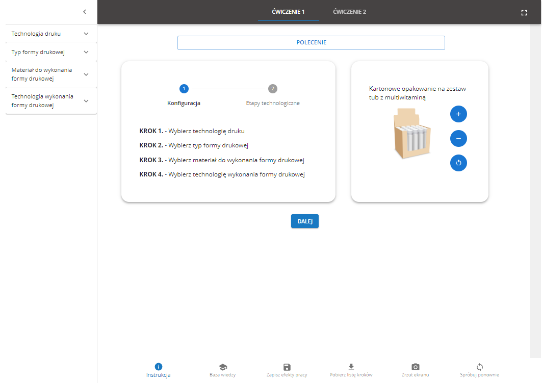 Grafika przedstawia widok strony startowej programu ćwiczeniowego do projektowania przez dobieranie.