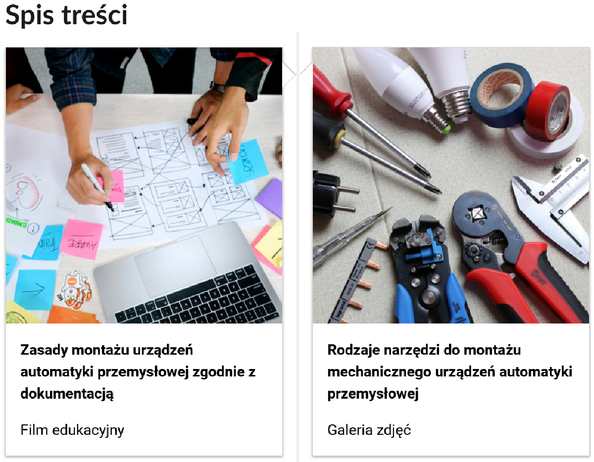 Grafika przedstawia dwa kafelki ze spisu treści. Są umiejscowione obok siebie. Mają kwadratowy kształt. Każdy z paneli oznaczony jest numerem oraz tytułem ćwiczenia.