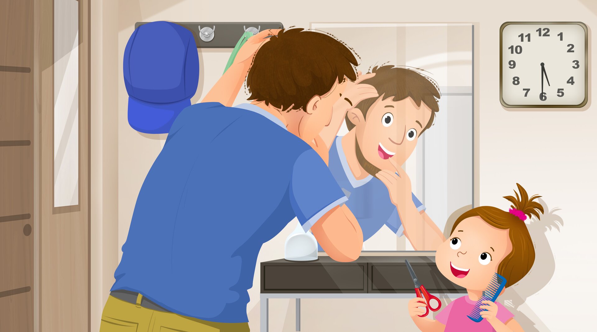 Ilustracja przedstawia tatę Emmy, który przegląda się w lustrze. Emma podaje mu grzebień i nożyczki.