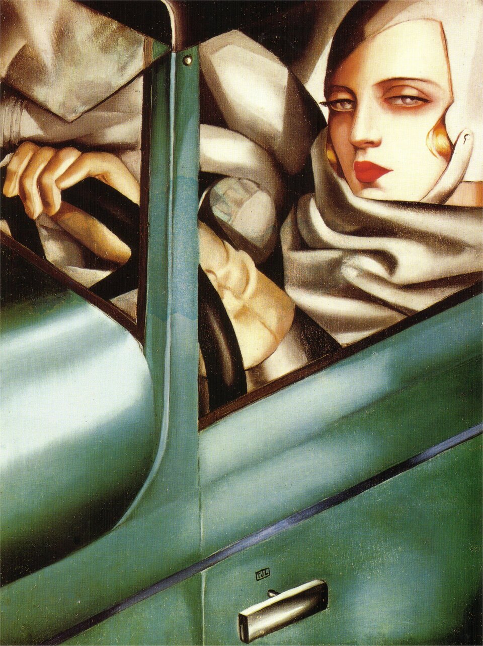 Ilustracja Tamara Łempicka, „Autoportret” (Tamara Łempicka w zielonym bugatti). Na ilustracji widać okno zielonego samochodu, od strony kierowcy. Za kierownicą siedzi kobieta w czapce na głowie, wokół szyi ma owinięty długi szal. Usta ma pomalowane na czerwony kolor. Na dłonie założyła długie rękawiczki.