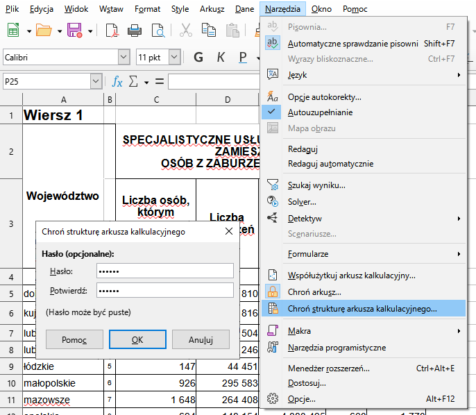 Ilustracja przedstawia arkusz. Z menu wybrano opcję Narzędzia. Z listy wybrano Chroń strukturę arkusza kalkulacyjnego. Zaznaczono Autouzupełnianie. Obok listy małe okno o nazwie Chroń strukturę arkusza kalkulacyjnego. Tam wpisane hasło. Poniżej pół z hasłem informacja: Hasło może być puste. Zastosowano przycisk OK.   