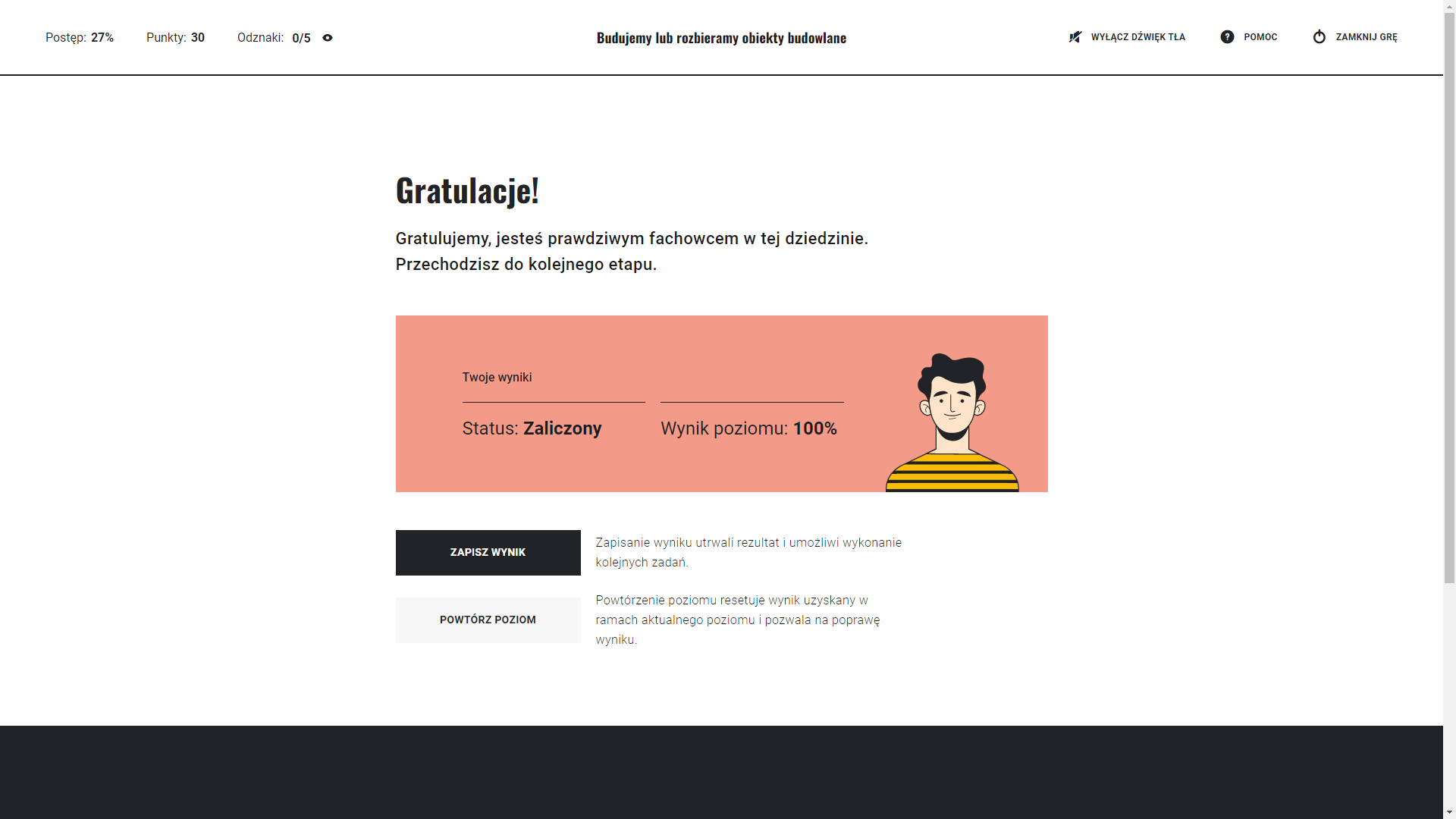 Przykładowy wygląd ekranu po ukończeniu etapu