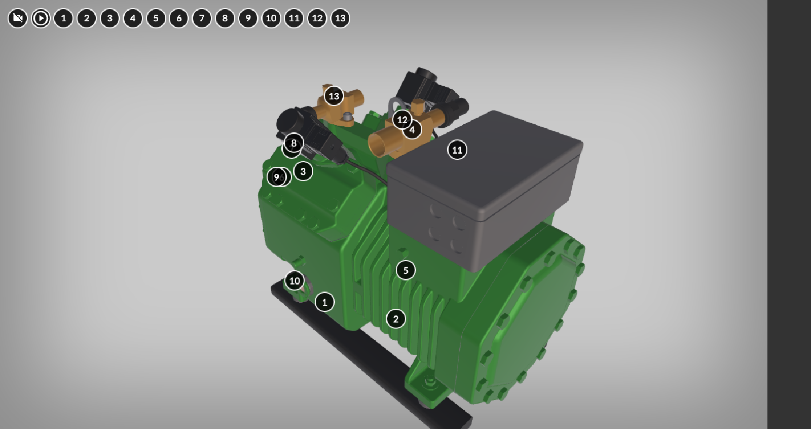 Widoczna jest przykładowa strona wizualizacji trzy de. Grafika przedstawia model sprężarki chłodniczej. Widoczne są numery znaczników położonych obok siebie. Jest ich trzynaście. Pierwszy to kółko z białym obramowaniem i czarnym wypełnieniem. W środku widoczny jest symbol przekreślonej kamery. Kolejny przedstawia ikonę odtwarzania filmu. Ikona składa się z trójkąta wpisanego w okrąg. Wierzchołek trójkąta wskazuje w prawo. Pozostałe są ponumerowane od jeden do trzynaście.