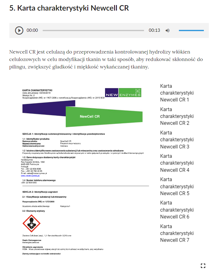 Grafika przedstawia przykładowy widok jednego z zagadnień w atlasie interaktywnym. W górnej części tytuł: Karta charakterystyki Newcell CR. Następnie odtwarzacz nagrania lektorskiego, treść opisu oraz grafika przedstawiająca dokument. 