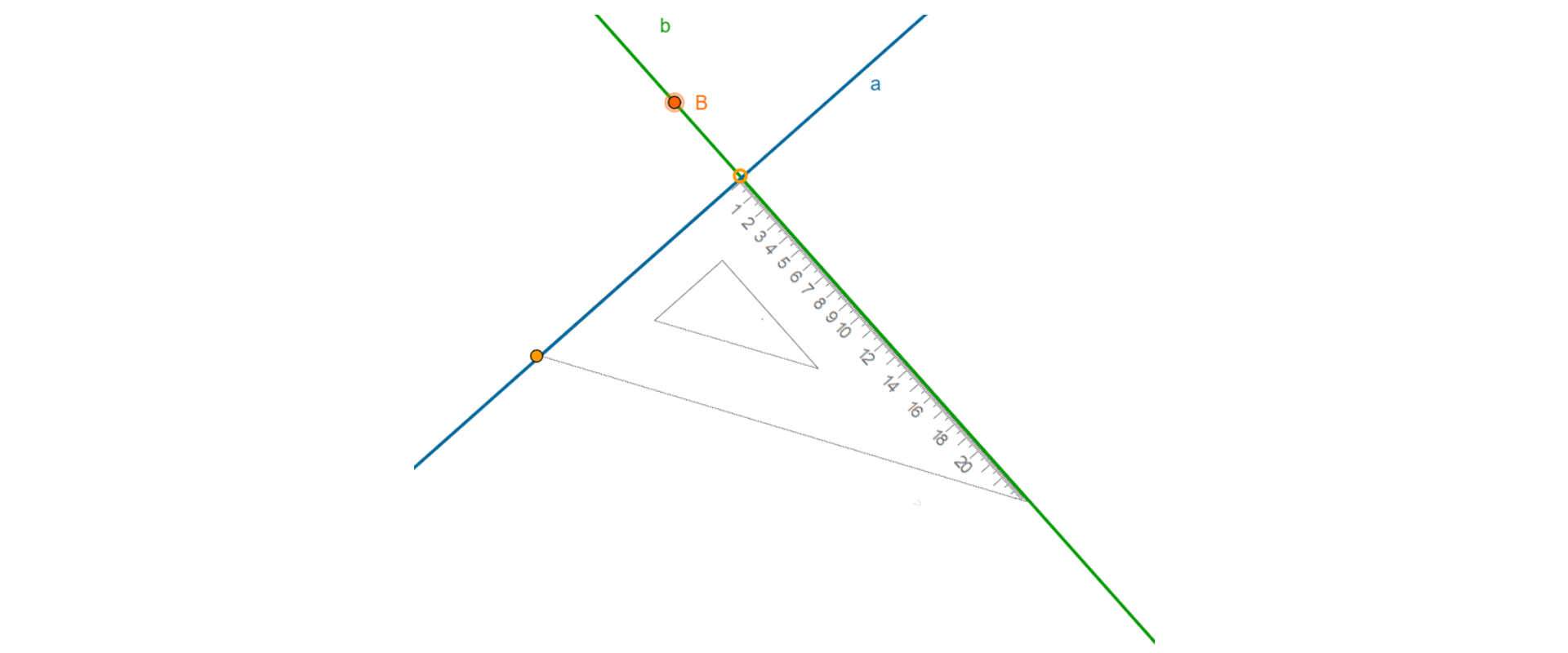 Na rysunku znajdują się proste prostopadłe a i b. Na prostej b zaznaczony jest punkt B. Ekierka przyłożona jest do prostych a i b w miejsu ich przecięcia tworząc kąt prosty.