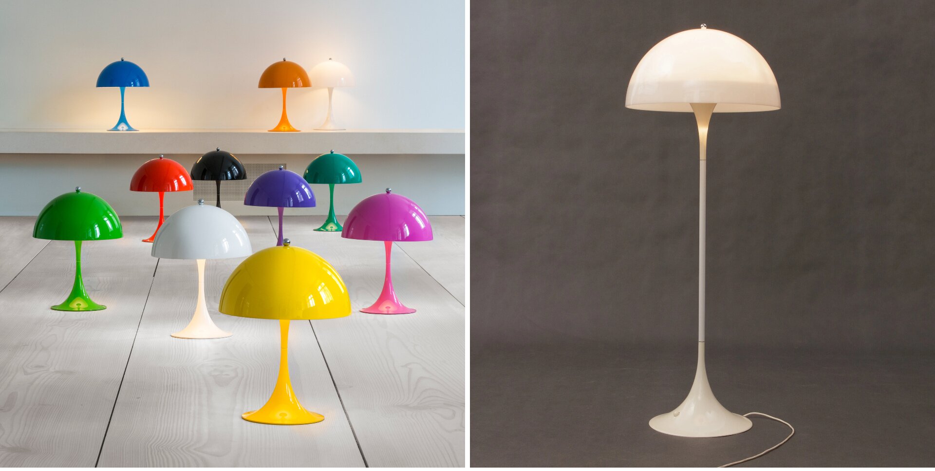 Praca Vernona Pantone pod tytułem „Lampy Panthella”. Z lewej strony fotografii znajduje się jedenaście kolorowych lamp stołowych, które wykonane zostały z metalu i kształtem przypominają grzyby. Zaprezentowane lampy są w barwach: niebieskim, pomarańczowym, białym, czerwonym, czarnym, fioletowym, ciemnozielonym, jasnozielonym, szarym, różowym i żółtym.  Stoją na jasnych panelach przypominający drewno, a trzy z nich na białym podwyższeniu pod ścianą. Fotografia z prawej strony prezentuje lampę podłogową, która wykonana została z metalu i kształtem również przypomina grzyba. Jest ona wyższa, a u jej podstawy widać cienki kabel. Sfotografowano ją na ciemnoszarym tle.
