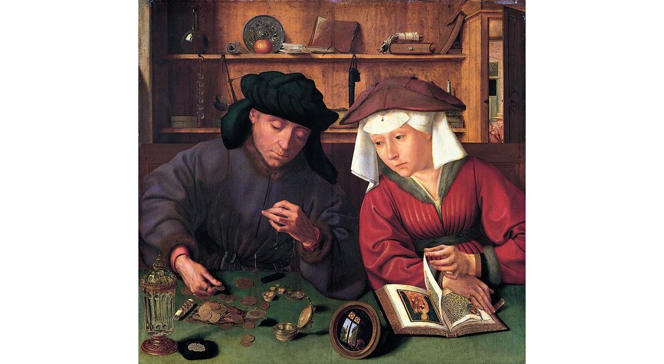 Obraz przedstawia mężczyznę w holenderskim stroju szesnastowiecznym, który siedzi przy stole i waży złoto. Bankier trzyma w ręku wagę. Obok bankiera przy stole siedzi kobieta i przewraca karty księgi. Pochyla głowę w stronę męża, a jej wzrok jest skierowany na szale z monetami. Bankier przysuwa wagę w stronę żony, tak jakby pytał ją o radę. Kobieta, przytrzymując palcami kartkę księgi, by nie zgubić czytanego fragmentu, przygląda się zajęciu męża z obojętnością.