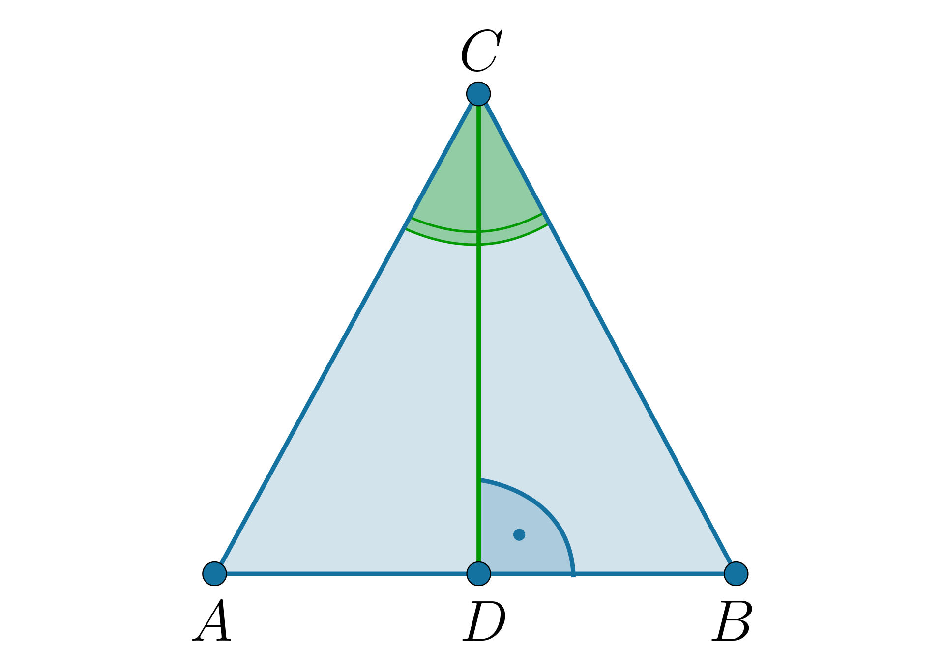 Na ilustracji przedstawiono trójkąt równoramienny A B C. Narysowano odcinek łączący wierzchołek C z punktem D, leżącym na podstawie A B. Zaznaczono kąt prosty B D C.