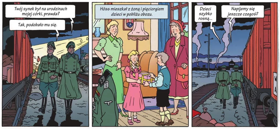 Ilustracja w trzech częściach. Pierwsza część: dwóch oficerów niemieckich idzie wzdłuż otwartych wagonów towarowych, rozmawiają, napisy w dymkach: "Twój synek był na urodzinach mojej córki.", odpowiedź "Tak, podobało mu się". Druga część ilustracji; w centrum pokoju stoją dziewczynka i chłopiec, chłopiec przekazuje paczke z prezentem dziewczynce, po oby stronach stoją dwie kobiety, atmosfera urodzinowa. część trzecia ilustracji to kontynuacja dialogu dwóch oficerów odchodzących od wagonów towarowych, napisy w dymkach: "Dzieci szybko rosną...", "napijemy się czegoś?".