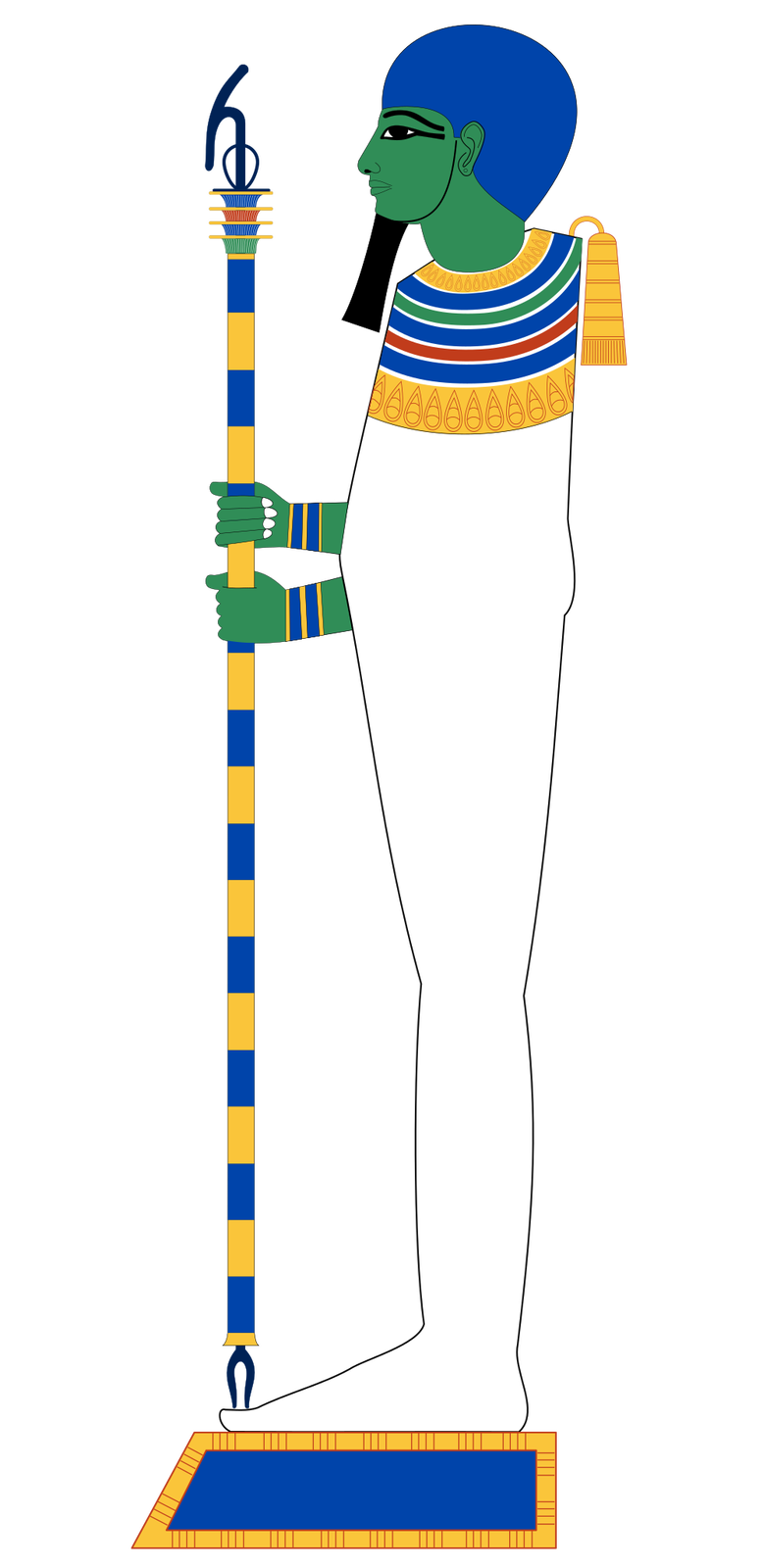 Grafika przedstawia boga Ptaha w pozycji stojącej z profilu. Jego skóra jest zielona. Ubrany jest w długi biały całun sięgający do kostek. Ma przylegające, niebieskie nakrycie głowy. Twarz ma ludzką, z brodą ceremonialną. W dłoniach trzyma laskę, na której znajdują się połączone symbole ankh, dżed i was. 