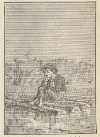 Czarno‑biała rycina przedstawia chłopca siedzącego na tratwie z drewnianych bali na rzece. Chłopiec siedzi ze skrzyżowanymi nogami i zmartwiony podpiera głowę ręką.