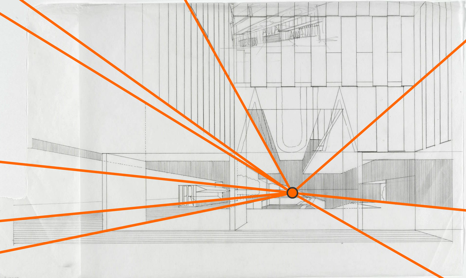 Szkic składa się z prostopadłych płaszczyzn ,tworzących ściany i przejścia. W centralnej części szkicu ascetyczny napis "aula". Szkic biało‑czarny.  Pod napisem umieszczono pomarańczowy punkt w którym łączą sie pomarańczowe linie powstałe z wybranych krawędzi szkicu.