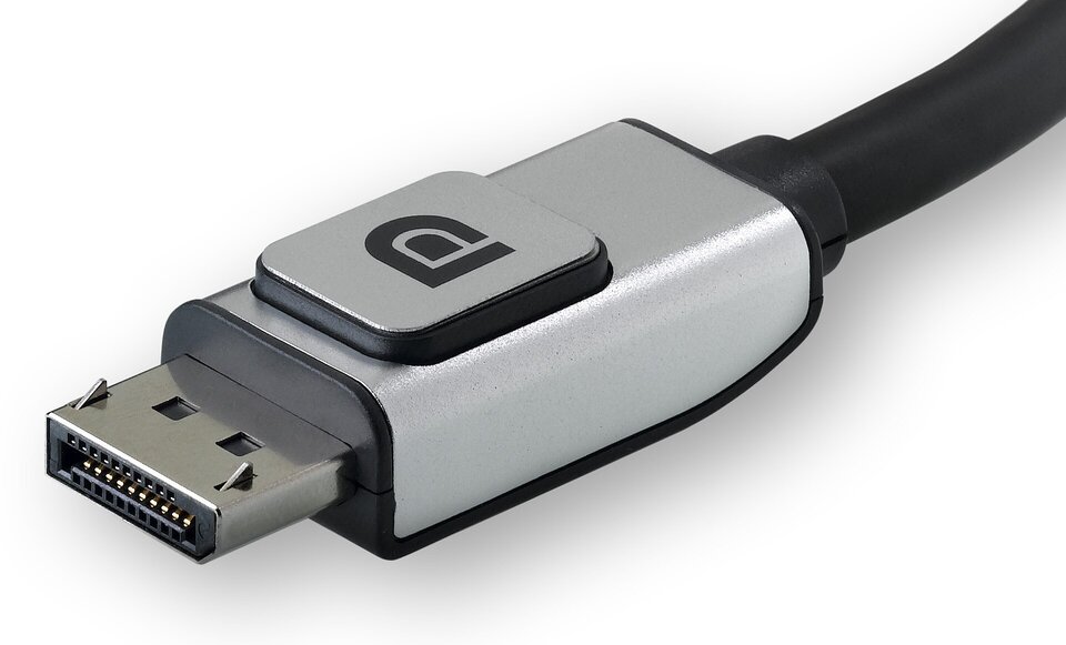Fotografia przedstawiająca złącze DisplayPort wraz z przewodem.