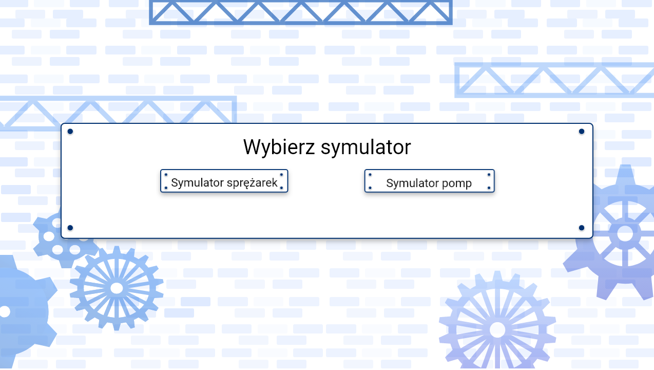 Grafika przedstawia ekran wyboru symulatora. Do wyboru jest symulator sprężarek lub symulator pomp.