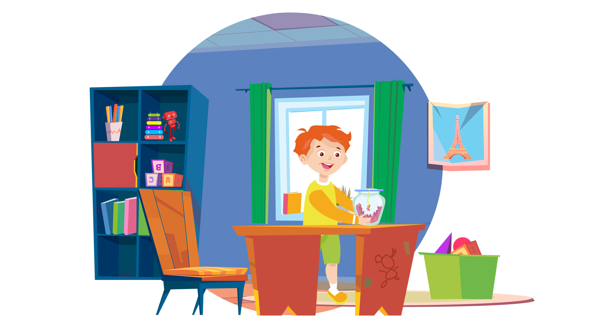 Ilustracja przedstawia pokój Franka. W tle widać ciemnoniebieską ścianę z oknem, nad którym wisi granatowy karnisz z dwiema zielonymi zasłonami. Na parapecie stoi pomarańczowa książka. Po lewej stronie okna, przy ścianie, znajduje się granatowy regał z kilkoma półkami. Na półkach są różne przedmioty: kolorowe kredki w kubku, wieża z kolorowych kółek, figurka Zgrzytka, trzy kolorowe klocki z literami „A”, „B” i „C” oraz kilka książek w kolorowych okładkach. Po prawej stronie okna wisi na ścianie plakat przedstawiający wieżę Ajfla na błękitnym tle. Na podłodze leży okrągły beżowo‑bladozielony dywan, na którym po prawej stronie stoi jasnozielone pudełko wypełnione klockami. Po lewej stronie znajduje się granatowo‑brązowe krzesło, a na środku widać brązowe biurko. Za biurkiem stoi uśmiechnięty Franek. Jest ubrany w żółtą bluzę z długimi pomarańczowymi rękawami, krótkie jasnozielone spodnie, białe skarpety i pomarańczowe buty z żółtymi podeszwami. Chłopiec podnosi z biurka szklany słoik, w którym widać efekty doświadczenia z solą. Na słoiku znajduje się niebieski patyczek, do którego przywiązano żółtą nitkę. Sól umieszczona w słoiku oblepiła dolną część nitki.