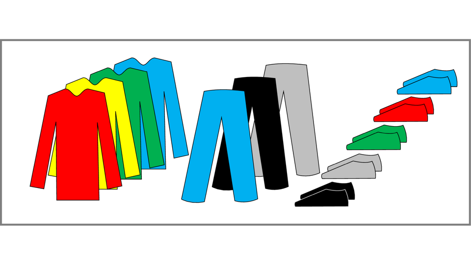 Obraz przedstawia zestaw ubrań podzielony na trzy grupy: koszulki/bluzy, spodnie i buty. Ubrania są utrzymane w różnych kolorach, reprezentując elementy do stworzenia stroju.
Szczegóły elementów:
Koszule: Cztery koszulki z długim rękawem ułożone jedna za drugą.
Kolory (od przodu do tyłu): czerwony, żółty, zielony, niebieski.
Trzy pary długich spodni.
Kolory (od przodu do tyłu): niebieski, czarny, szary.
Buty: Pięć par butów ułożonych jedna za drugą.
Kolory: czarny, szary, zielony, czerwony, niebieski.