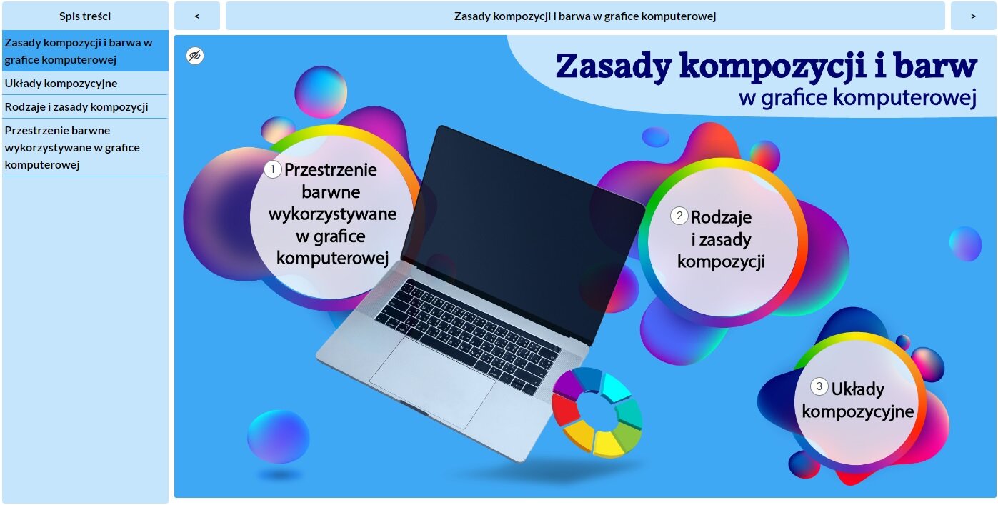 Grafika przedstawia widok planszy interaktywnej zatytułowanej Zasady kompozycji i barw w grafice komputerowej