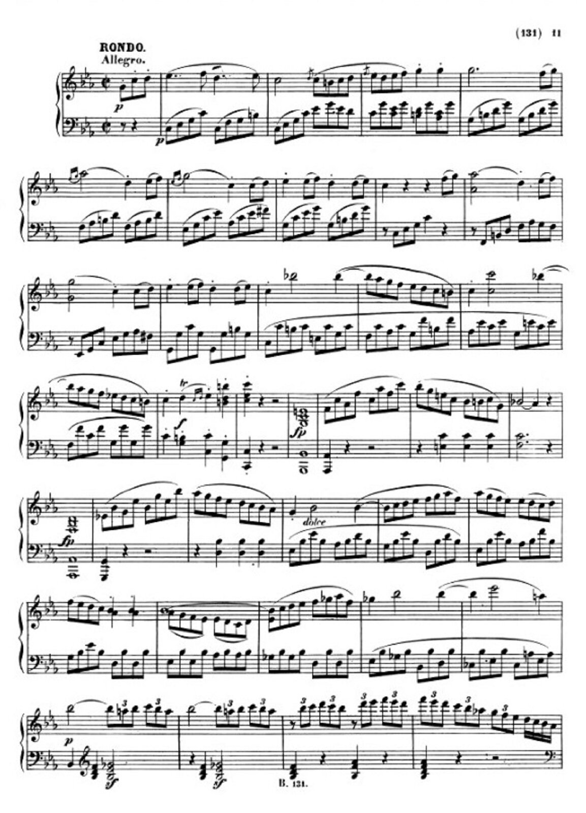 Zdjęcie przedstawia graficzny utwór muzyczny. Fotografia ukazuje czarną pięciolinię z nutami, na białej stronie utworu Ludwig van Beethoven – „Sonata fortepianowa c‑moll” opus 13 „Patetyczna”, część III.