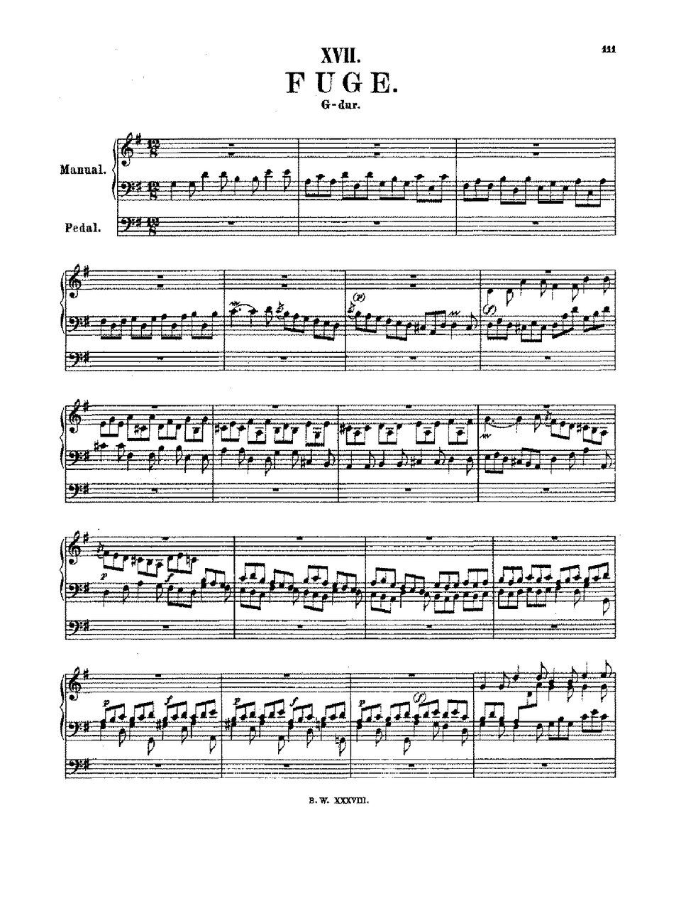 Ilustracja przedstawia widok nutowy utworu: „Fuga G‑gur” BWV 577 autorstwa Jana S. Bacha.