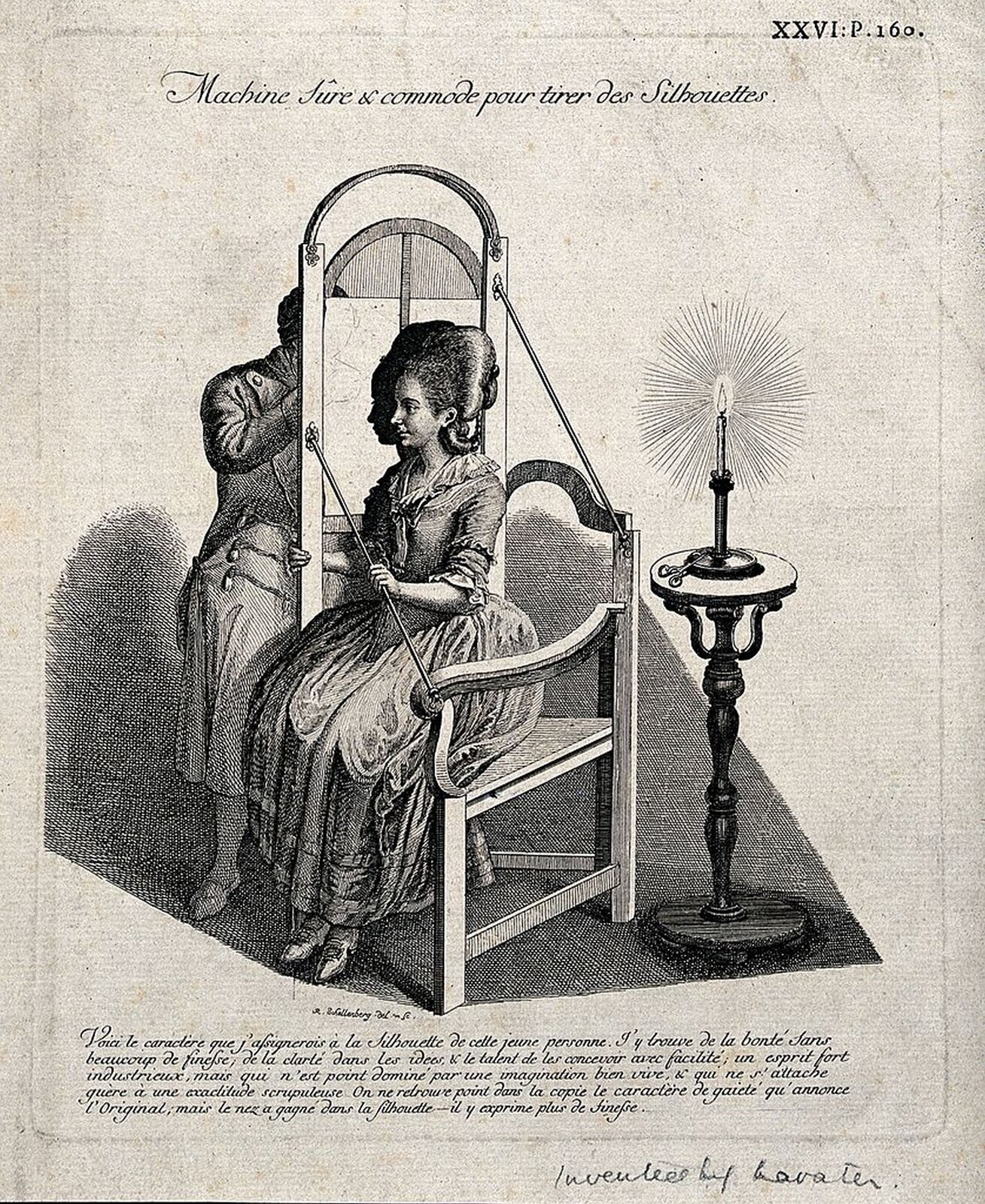 Ilustracja przedstawiająca grafikę autorstwa  Johanna Rudolpha Schellenberga [czytaj: johana rudolfa szelenberga] „Mężczyzna odrysowujący  silhouette  [czytaj: siluet] siedzącej kobiety”. Na krześle z wygiętymi poręczami siedzi kobieta w długiej, eleganckiej sukni, włosy ma upięte w duży kok. Do krzesła, z boku przymocowana jest sztaluga z dużym arkuszem białego papieru. Od strony siedzącej kobiety, na wysokim świeczniku stoi świeca, której blask rzuca na papier cień jej głowy. Po drugiej stronie sztalugi stoi rysownik, który odrysowuje profil na papierze. Sztaluga jest przymocowana do krzesła dwoma prętami. 