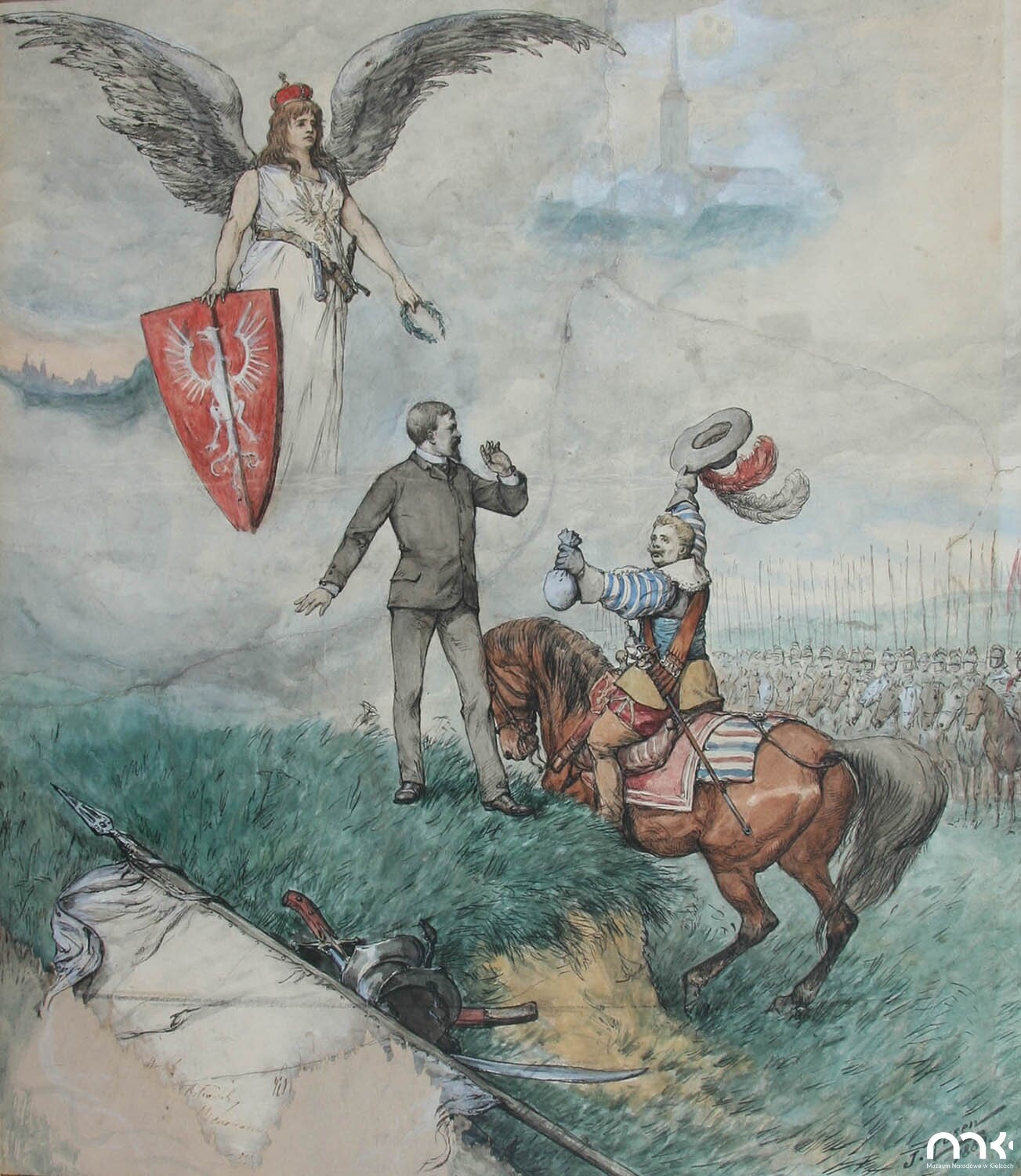 Ilustracja przedstawia pole bitwy. Na pierwszym planie, na niewielkim, porośniętym trawą wzniesieniu stoi mężczyzna w sile wieku. Postać ukazuje prawy półprofil. Ma szczupłą twarz i brodę hiszpankę. Mężczyzna jest ubrany w marynarkę i spodnie. Prawą rękę prostuje i odsuwa na bok. Lewą rękę przysuwa w kierunku twarzy. Patrzy na jeźdźca stojącego poniżej. Jest to dojrzały mężczyzna o okrągłej twarzy. Ukazuje lewy profil. Ma gęste włosy i sumiaste wąsy. Jest ubrany w pasiasty kaftan i wąskie spodnie. Przez prawe ramię ma przewieszony skórzany pas, do którego umocował włócznię. Prawą dłonią unosi kapelusz ozdobiony dwoma strusimi piórami. W lewej dłoni trzyma sakiewkę wypełnioną monetami. Podaje ją stojącemu mężczyźnie. Nad mężczyzną unosi się skrzydlata postać w koronie na głowie. Jest to długowłosa kobieta. Jest ubrana w długą, białą szatę. Jej talia jest opasana skórzanym pasem . W prawej dłoni trzyma tarczę ozdobioną wyobrażeniem białego orła na czerwonym tle. W lewej dłoni trzyma wieniec laurowy. Kieruje go w stronę głowy pisarza. W tle ukazana jest duża grupa jeźdźców uzbrojonych we włócznie. W tle, zza chmur wyłania się bryła klasztoru na Jasnej Górze.