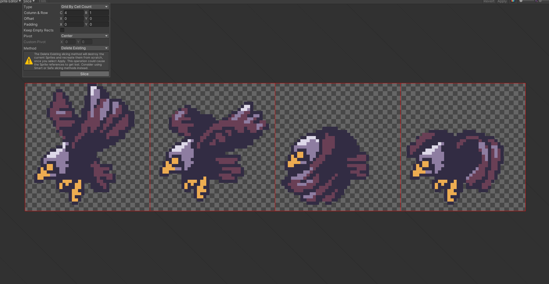Ilustracja przedstawia panel programu  Unity Hub . W centrum obrazka znajduje się cztery postacie orła z żółtym dziobem i nogami, białą głową i fioletowym tułowiem i skrzydłami. Na pierwszym obrazku z prawej orzeł ma wzniesione skrzydła w górę, na drugim opuszczone na wysokość tułowia, na trzecim skierowane w dół, a na czwartym podnoszące się w górę. W lewym górnym rogu obrazka znajduje się pole z opcjami:  Type: Grid By Cell Count, Column &amp; Row: C 4, R1, Offset: X 0, Y 0, Padding: X 0, Y 0, , odznaczoną opcją  Keep Empty Rects, Pivot: Center, Custom Pivot X 0, Y 0, Method: Delete Existing  oraz tekstem:  The Delete Existing slicing method will destroy the current Sprites and recreate tchem from scratch, once you select Apply. This opertion could cause the Sprite references to get lost. Consider using Smart or Safe slicing methods instead. . Na dole okna znajduje się prostokątny przycisk z napisem:  Slice . 