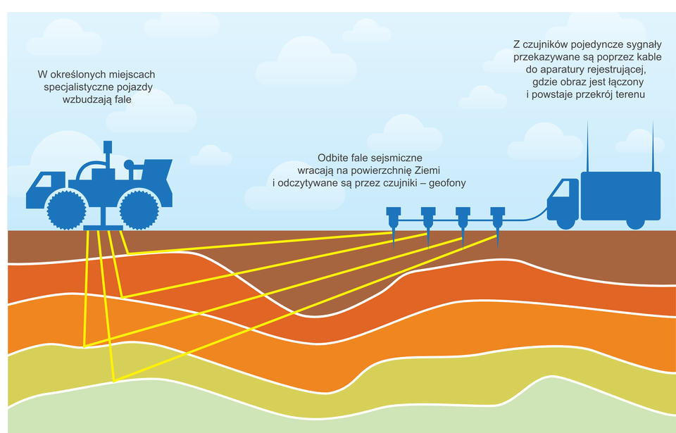 Ilustracja przedstawia w schematyczny sposób wywoływanie i badanie sztucznie wytworzonych fal sejsmicznych. Pozioma linia biegnąca przez środek ilustracji jest poziomem gruntu. Poniżej zobrazowano kolejno pięć różnych warstw skalnych Ziemi. Pierwsza ma kolor brązowy, kolejna czerwony, trzecia jest w kolorze pomarańczowym, czwarta żółtym, a piąta bladozielonym. Warstwy są pofalowane, granice między nimi oznaczono białymi liniami. Na powierzchni gruntu (na pierwszej warstwie) stoją dwa pojazdy. Na ilustracji w uproszczony sposób są przedstawione ich kontury, mają kolor niebieski. Po lewej stronie znajduje się pojazd o dużych kołach, posiadający na środku duże urządzenie dotykające ziemi, które służy do wywoływania fal sejsmicznych. Przypomina nieco młot pneumatyczny. Napis nad samochodem „W określonych miejscach specjalistyczne pojazdy wzbudzają fale”. Od miejsca, w którym jego poziome zakończenie umieszczone na pionowym drążku styka się z powierzchnią ziemi, rozchodzą się fale. Przedstawione są za pomocą rozchodzących się w głąb podłoża żółtych kresek. Fale w momencie trafiania na granice kolejnych warstw załamują się. Na ilustracji ich tor zmienia się, ulegają odbiciu i kierują się do góry na prawo. W miejscu, gdzie odbite fale dochodzą do powierzchni ziemi, na ilustracji znajdują się cztery wbite w ziemię czujniki. Wyglądem przypominają szpikulce z dołożoną obudową w miejscu rękojeści. Napis nad czujnikami „Odbite fale sejsmiczne wracają na powierzchnię Ziemi i odczytywane są przez czujniki – geofony”. Wszystkie połączone są przewodem do aparatury rejestrującej, która umieszczona jest w samochodzie ciężarowym. Samochód posiada nad przestrzenią załadunkową zainstalowane dwie wysokie anteny. Napis nad samochodem „Z czujników pojedyncze sygnały przekazywane są przez kable do aparatury rejestrującej, gdzie obraz jest łączony i powstaje przekrój terenu”.