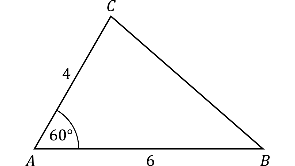 Rysunek przedstawia trójkąt ABC. Zaznaczone są następujące wymiary: Długość boku AC wynosi 4 jednostki. Długość boku AB wynosi 6 jednostek. Zaznaczono też kąt CAB (kąt przy wierzchołku A) , jego miara wynosi 60 stopni.