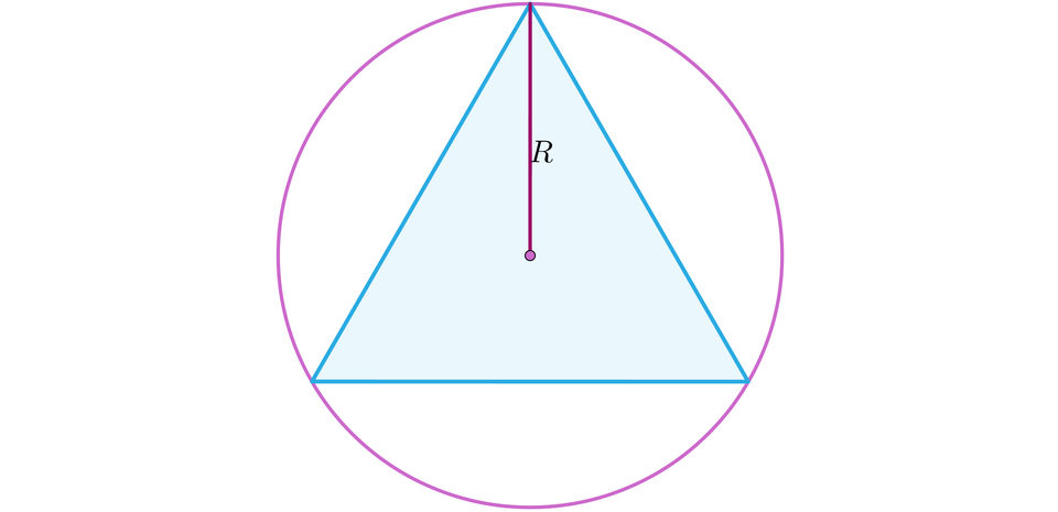 Ilustracja przedstawia trójkąt wpisany w okrąg o promieniu R.