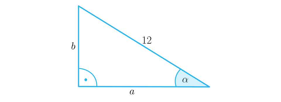 Rysunek przedstawia trójkąt prostokątny o podstawie a, pionowej przyprostokątnej b oraz o przeciwprostokątnej o długości dwanaście. Zaznaczono także dwa kąty wewnętrzne trójkąta. Kąt prosty między bokami a i b oraz kąt alfa między bokami a i przeciwprostokątną.