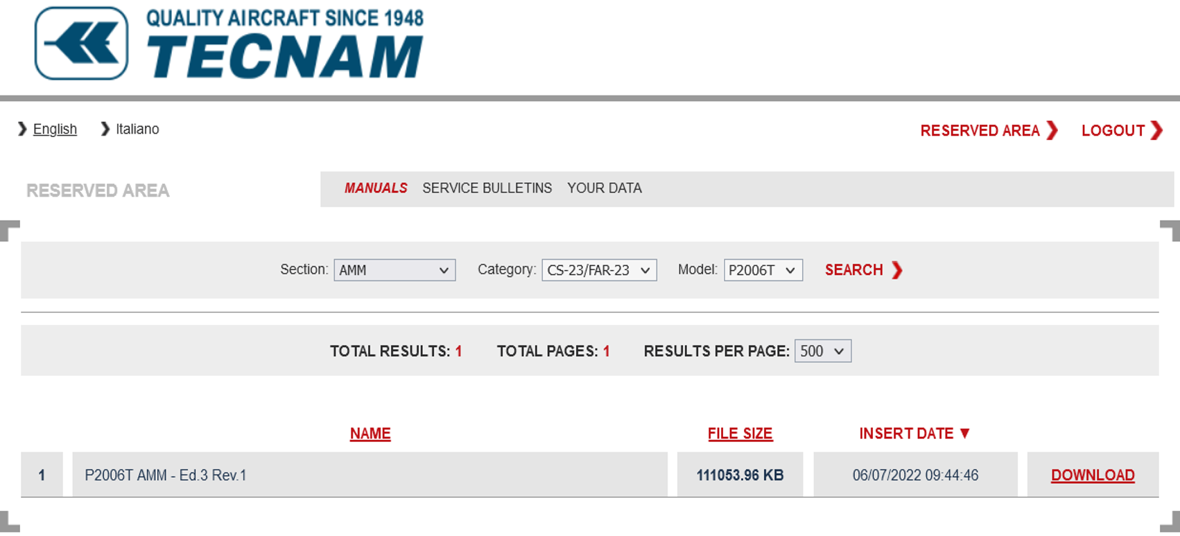 Ilustracja przedstawia stronę internetową, Powyżej jest nazwa firm tecnam a po środku zdjęcia znajdują się listy wyborów dokumentacji, kategorii oraz modelu samolotu. 
