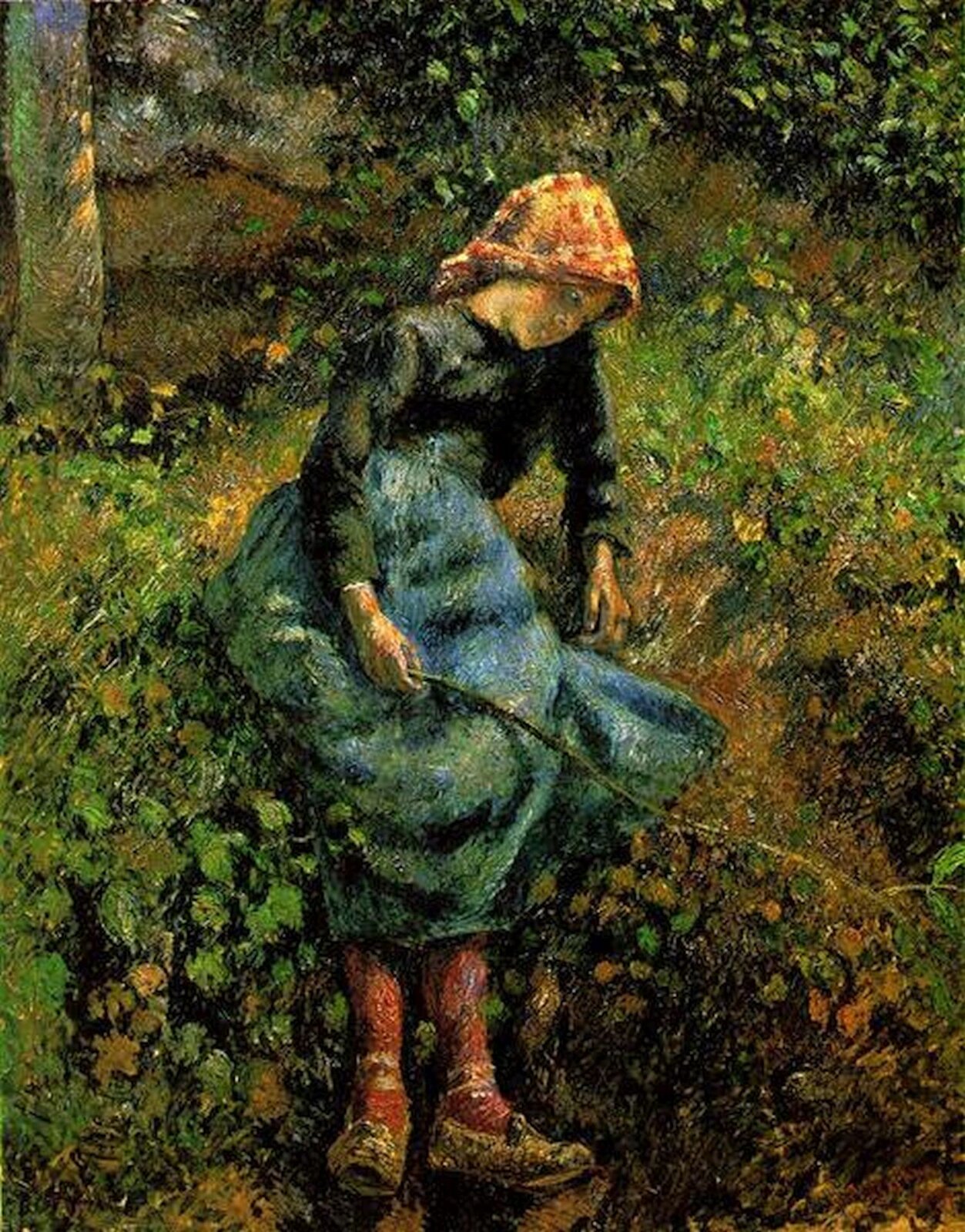 Ilustracja przedstawia obraz pt. „Dziewczynka z gałązką, siedząca wieśniaczka” autorstwa Camille Pissarro. Młoda dziewczyna, z ubioru sądząc wieśniaczka, z gałęzią w ręku siedzi na soczysto zielonej murawie. 
