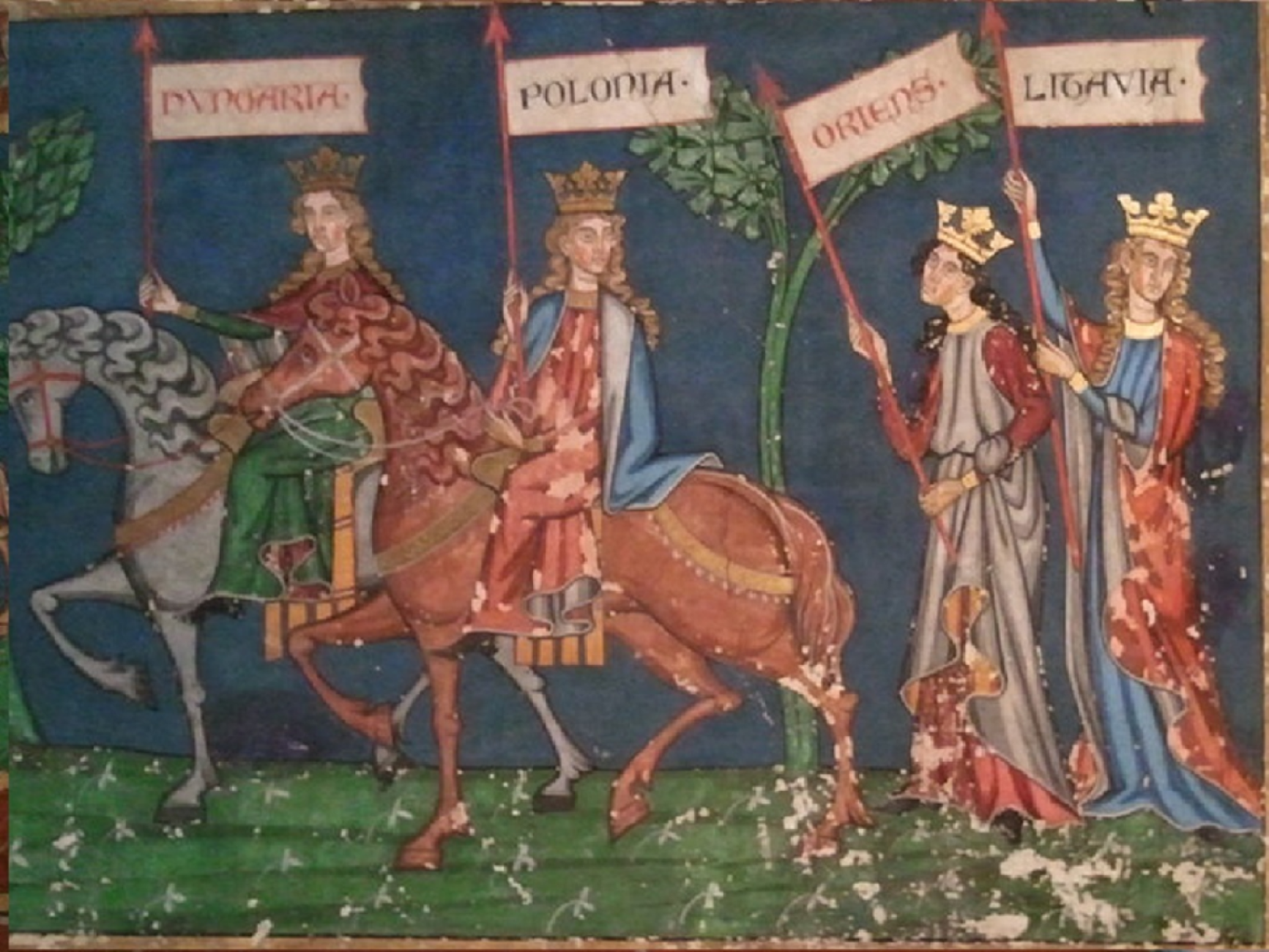 Ilustracja przedstawia w sposób symboliczny cztery państwa: Węgry i Polskę jadące w orszaku na koniu oraz dwa kroczące kraje- ziemie wschodnie Europy oraz Litwę. Polska odwróciła wzrok w stronę Litwy i ziem wschodnich Europy, co oznacza polski protektor nad tymi obszarami w kontekście ich chrystianizacji.