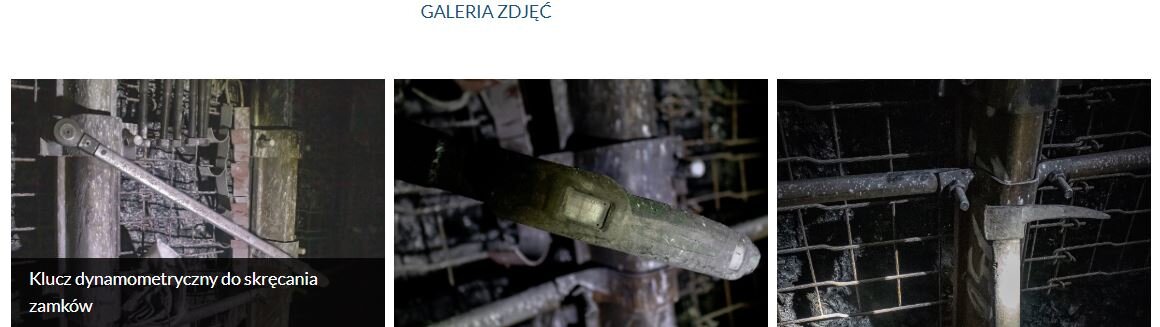 Na zdjęciu widać przykładową galerię zdjęć z wyświetloną nazwą zdjęcia. Galeria jest w formie kolażu trzech zdjęć. Na zdjęciach przedstawiono różnego rodzaju narzędzia i klucze stosowane w górnictwie. Na dole pierwszego zdjęcia od lewej strony znajduje się napis: klucz dynamometryczny do skręcania zamków.
