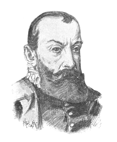 Grafika czarno-biała przedstawiająca portret Jana Kochanowskiego. Jest to mężczyzna w wieku około pięćdziesięciu lat, z ciemną brodą i wąsami oraz o ciemnych, krótkich włosach. Mężczyzna ma wysokie czoło i przenikliwe spojrzenie, jego oczy są dość płytko osadzone. Pod szyją kryza. Widoczny fragment ubrania jest ciemny, z guzikami wzdłuż tułowia. 