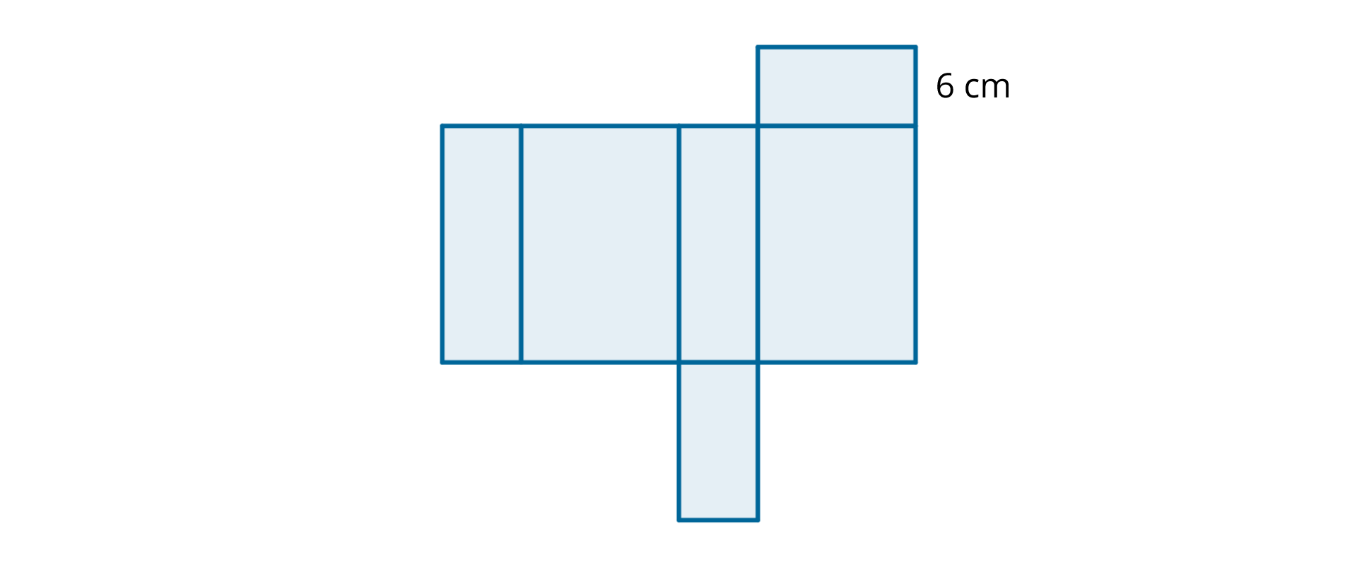 Rysunek siatki prostopadłościanu złożonej z trzech par prostokątów. Dana jest długość boku jednego z prostokątów równa 6 cm.