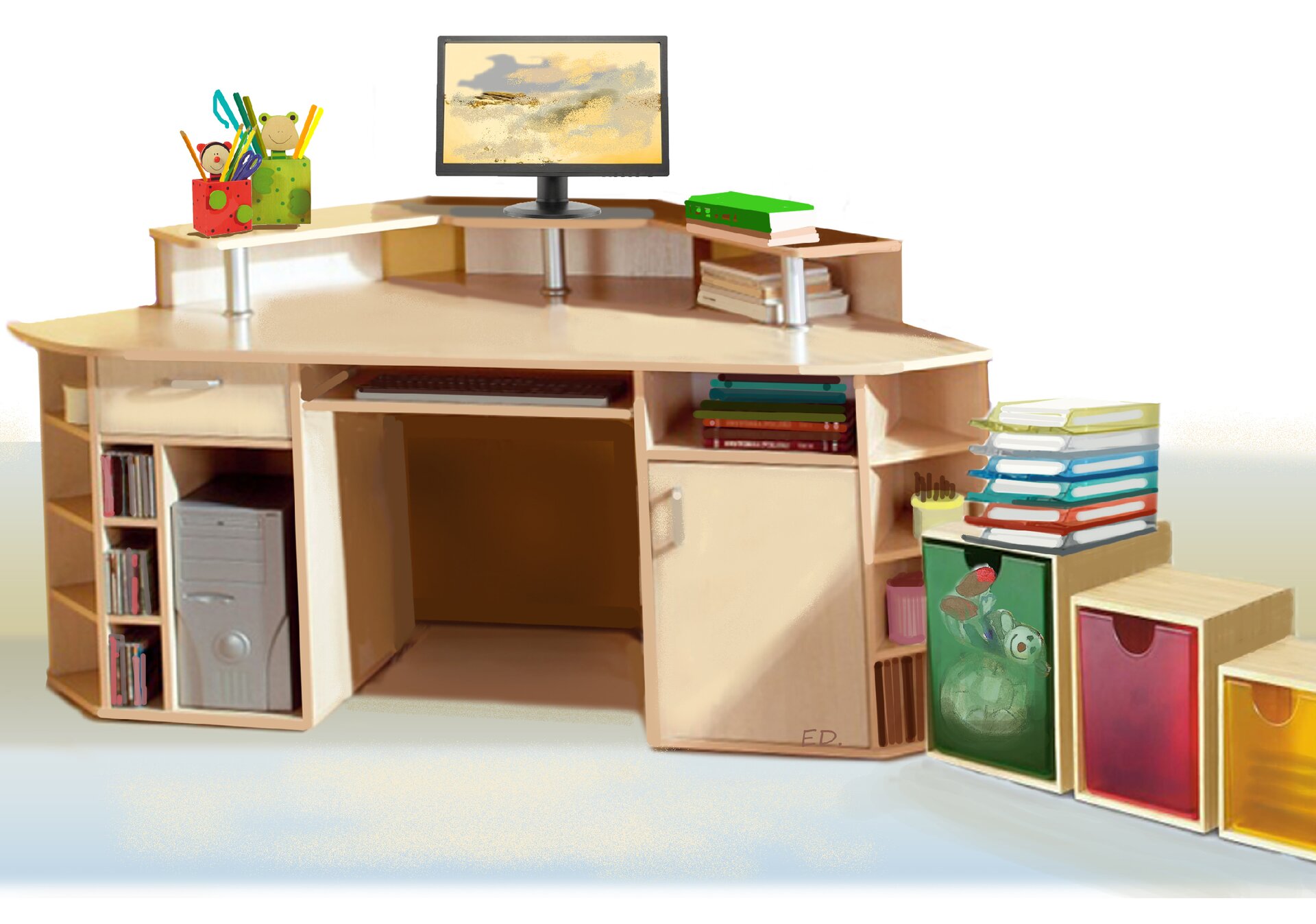 Ilustracja przedstawiająca uporządkowany pokój. W centralnej części znajduje się drewniane biurko narożne w jasnobrązowym kolorze. Na biurku umiejscowiony jest monitor, książki oraz przybory szkolne. W szafkach poukładane są książki i płyty. Tuż obok biurka ustawione są trzy pojedyncze kolorowe szafki, a na nich położone są segregatory.