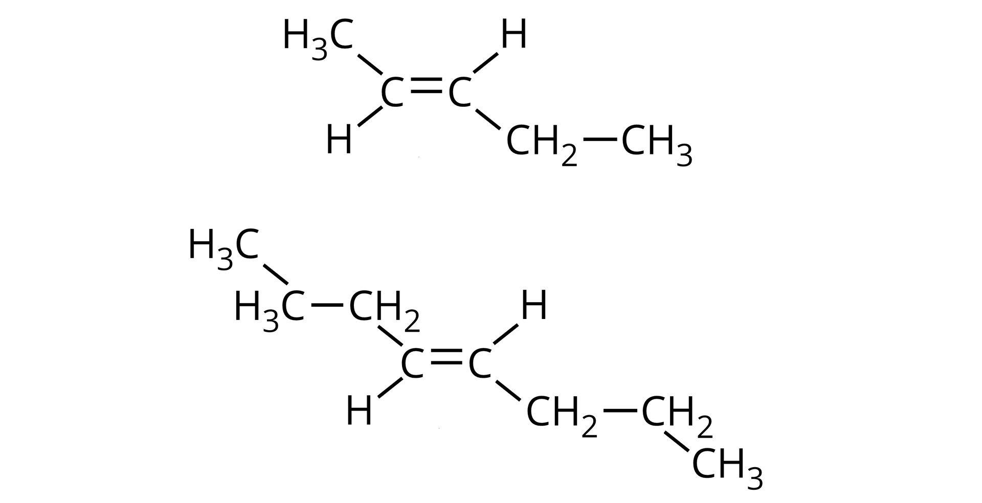 Na ilustracji są dwa wzory. Pierwszy wzór: dwa atomy węgla są połączone wiązaniem podwójnym. Atom węgla leżący po lewej stronie wzoru łączy się u góry z grupą metylową, a na dole z atomem wodoru. Drugi atom węgla łączy się u góry z atomem wodoru, a na dole z grupą metylenową połączoną z grupą metylową. Drugi wzór: dwa atomy węgla są połączone wiązaniem podwójnym. Atom węgla leżący po lewej stronie wzoru łączy się u góry z grupą metylenową połączoną z grupą metylową. Grupa metylowa łączy się u góry z grupą metylową. Atom węgla na dole łączy się z atomem wodoru. Drugi atom węgla łączy się u góry z atomem wodoru, a na dole z grupą metylenową połączoną z grupą metylenową. Ta z kolei w dół łączy się z grupą metylową.