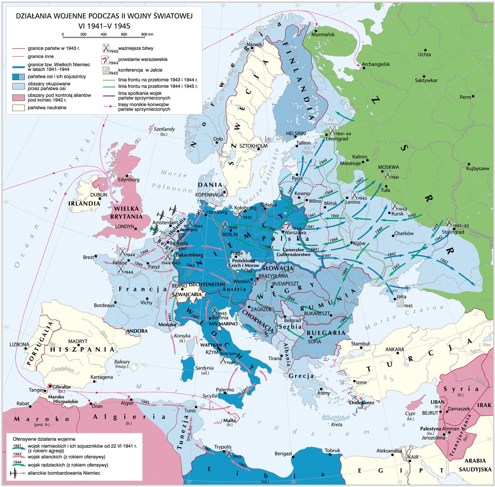 Grafika mapy przedstawiającej działania wojenne podczas II wojny światowej.