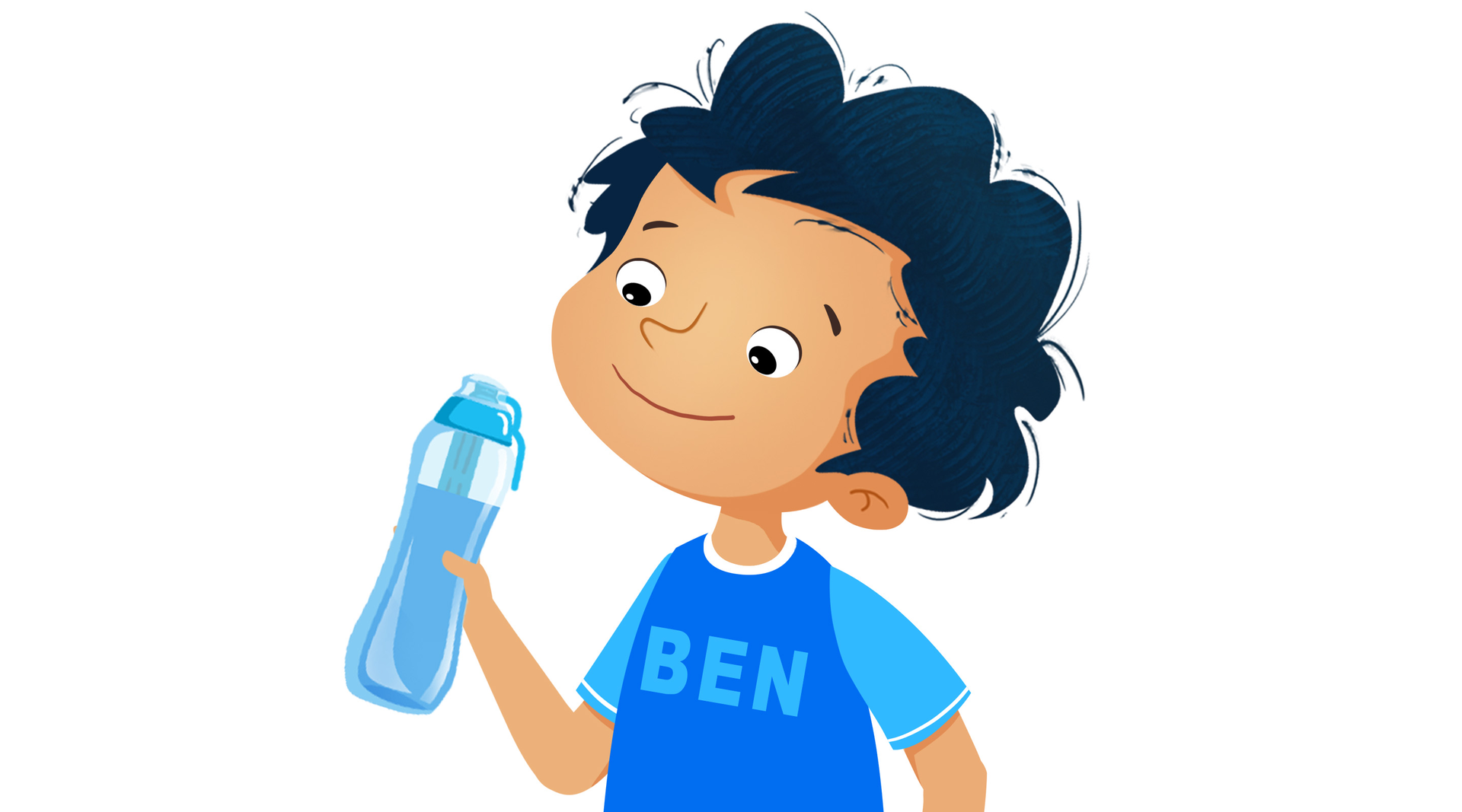 Na ilustracji znajduje się chłopiec z butelką wody.