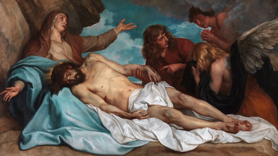 Obraz Anthoona van Dycka, przedstawia scenę opłakiwania martwego Chrystusa. Ciało Chrystusa leży bezwładnie na płótnach i wypełnia pierwszy plan obrazu. Za nim Matka Boża oparta o ścianę skalną rozpacza z rozłożonymi szeroko rękami. Obok postać mężczyzny, który trzyma rękę Chrystusa i pokazuje jego rany dwóm aniołom. Jeden anioł unosi się wśród obłoków, drugi płacze skrywając twarz.