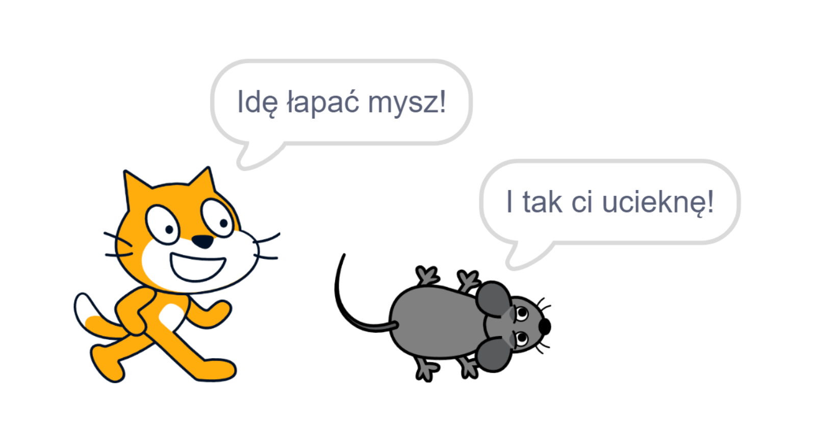 Zrzut ekranu przedstawia dwa duszki: kota i mysz. Kot znajduje się za myszą i w jego dymku tekstowym umieszczono napis Idę łapać mysz!. Mysz znajduje się przed kotem i w jej dymku tekstowym umieszczono napis I tak ci ucieknę!.