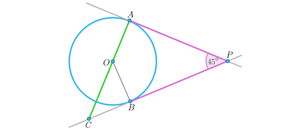 Na ilustracji przedstawiono okrąg o środku w punkcie O. Poprowadzono dwie proste, przecinające się w punkcie P i styczne do okręgu w punktach A i B. Na prostej stycznej do okręgu w punkcie B, zaznaczono punkt C, znajdujący się na przedłużeniu odcinka A O. ∠ A P C wynosi 45 stopni.