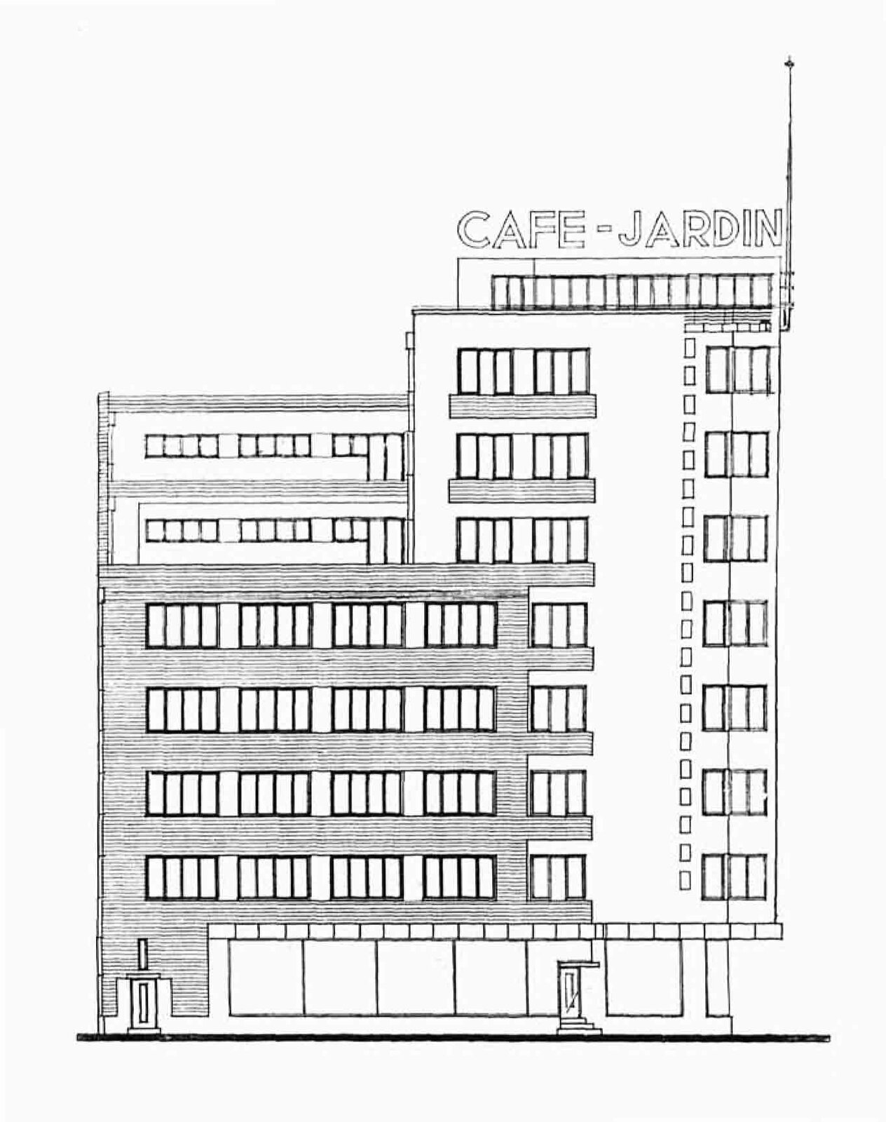 Czarno‑biała ilustracja przedstawia projekt ośmiopiętrowego biurowca. Budynek ten składa się z trzech części - niższej - liczącej cztery piętra, dobudówki liczącej dwa piętra oraz wysokiej - składającej się z ośmiu pięter. Dół budynku stanowią duże okna obejmujące praktycznie cały parter. Na szczycie budynku widnieje neonowy napis w języku francuskim „CAFE -JARDIN” [czytaj: kafe żardę] oraz wysoki maszt antenowy. 