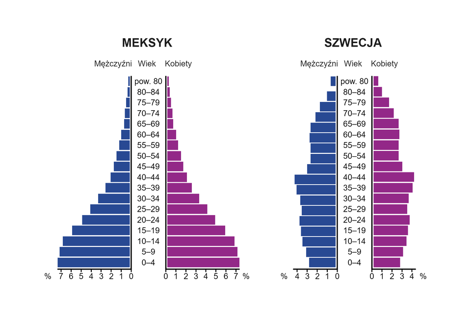 Ilustracja prezentuje dwa wykresy - jeden przedstawia strukturę wiekową populacji Meksyku, a drugi strukturę wiekową populacji Szwecji. Wykres odnoszący się do Meksyku wskazuje, iż osób w wieku 0 do 4 lat jest więcej niż 7%; w wieku 5‑9 lat jest 7%, w wieku 10‑14 lat mniej niż 7%, 15‑19 lat około 6%, 20‑24 lat 5%, 25‑29 lat 4%, 30‑34 lata więcej niż 3%, 35‑39 lat mniej niż 3%, 40‑44 lat 2%, 45‑49 lat mniej niż 2%, 50‑54 lat około półtora %, 55‑59 lat więcej niż 1%, 60‑64 lat 1%, 65‑69 lat mniej niż 1%. Dla starszych grup wiekowych 70‑74, 75‑79, 80‑84 i powyżej 80 wartości są ułamkowe i zmniejszają się z każdym kolejnym cenzusem. Wykres odnoszący się do Szwecji wskazuje, iż osób w wieku 0 do 4 lat jest mniej niż 3%, 5‑9 lat więcej niż 3%, 10‑14 lat około 3,5%, 15‑19 lat więcej niż 3,5%, 20‑24 lat prawie 4%, 25‑29 lat 3,5%, 30‑34 lat więcej niż 3,5%, 35‑39 lat około 4%, 40‑44 lat więcej niż 4%, 45‑49 lat 3%, 50‑54 lat oraz 55‑60, 60‑64, 65‑69 lat około 3%, 70‑74 lat 2%, 75‑79 lat mniej niż 2%, 80‑84 lat 1%, powyżej 80 lat około pół %.