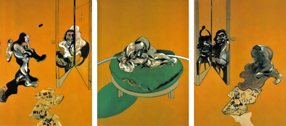 lustracja przedstawia obraz Francis'a Bacon'a, pt. „Tryptyk – studia ciała ludzkiego”. Posta prezentowane na poszczególnych częściach tryptyku są silnie zdeformowane. Tło we wszystkich częściach jest takie same, na nim znajdują się postaci w różnych pozach: siedzą, stoją lub leżą. W środkowej części tryptyku dodatkowo umieszczony jest element w kształcie owalu, na którym znajduje się jedna postać: siedzi z pochyloną głową. Mimo, że sylwety postaci nie zawierają szczegółów, rozpoznajemy, że są to postaci ludzkie.