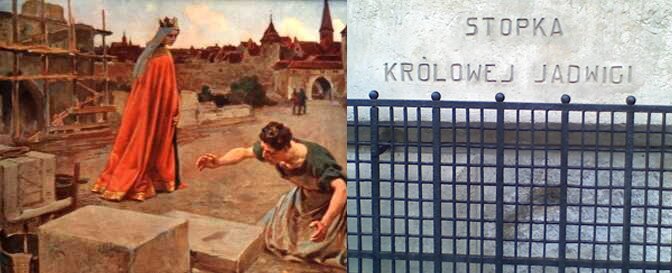 Z lewej strony obraz Jadwigi odciskającej stopę w kamieniu. Z prawej aktualna fotografia odcisku.